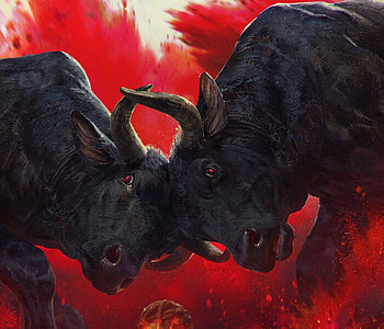 Bull fight, cow, black, horns, art, bull, anna podedworna, fight, vaci, fantasy, negru, red, couple, rosu, coarne, taur, luminos HD wallpaper
