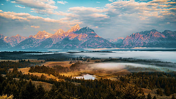 Foggy Teton sunrise, Wyoming, river, landscape, clouds, sky, mountains, usa, pond HD wallpaper