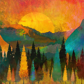 Sunset, forest, tree, illustration, art HD phone wallpaper