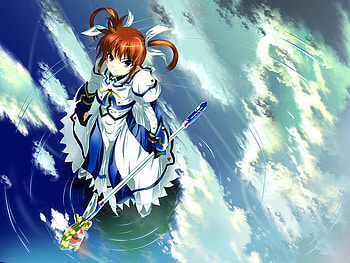 On Water, white, takamachi nanoha, staff, device, ribbons, raising heart, girl, long hair, ponytail, anime, brown hair, mahou shoujo lyrical nanoha, manga HD wallpaper
