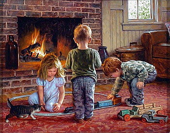 By Jim Daly, painting, boy, art, cat, girl, fireplace, jim daly, child HD wallpaper
