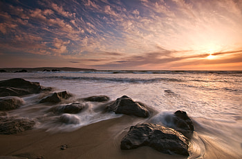 Sunset, sand, graphy, beauty, nice, beach, quiet, waves, pleasant, water, sun, ocean, sea, landscape, beautiful, rocks, stones, pretty, cool, clouds, nature, sky, lovely HD wallpaper