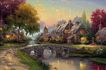 Cobblestone bridge, Painting, Cottage, Summer, River, Art HD wallpaper