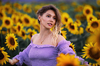 Girl In Sunflowers Field Bokeh Dress, girls, model, sunflowers, field HD wallpaper