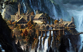Rivendell, Fantasy art, Waterfall artwork, Serene atmosphere HD wallpaper