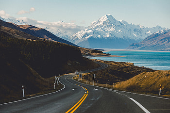 lake pukaki, hills, car, snow, road, lake HD wallpaper