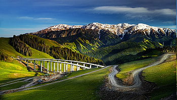 highway tunnels through mountains, tunnels, bridges, grass, mountains, highway HD wallpaper