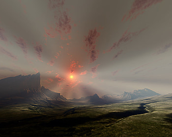 Fantasy landscape, red clouds, art, fields, sky, mountains, sun HD wallpaper