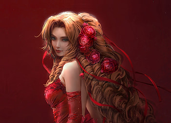 Aerith Gainsborough, flower, red, frumusete, blonde, fantasy, nixeu HD wallpaper