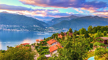 Lago Maggiore, Switzerland, landscape, clouds, sky, mountains, alps, water, houses, village HD wallpaper