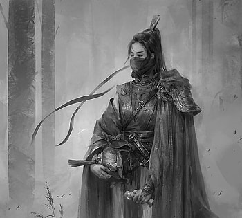 She, black, white, yuqing wang, fantasy, art, man, bw, warrior HD wallpaper