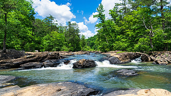 Sweetwater Creek, Georgia, rocks, forest, stream, clouds, trees, sky HD wallpaper