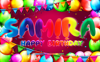 Happy Birtay Samira, , colorful balloon frame, Samira name, purple background, Samira Happy Birtay, Samira Birtay, popular american female names, Birtay concept, Samira HD wallpaper