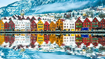 Bryggen, Winter view, Vgen harbor, Bergen cityscape HD wallpaper