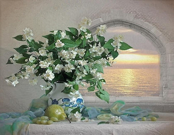 Sentimental , sea, white, window, grapes, vase, still life, pear, petals, nature, flowers, sunset, ocean HD wallpaper