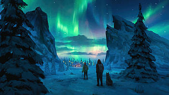Digital Mountain Landscape Under Northern Lights, landscape, mountain, sky, digital HD wallpaper