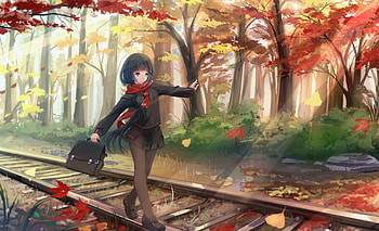 anime Girls, Original Characters, Fall, Black Hair, Scarf, Leaves, Long Hair, Pantyhose, School Uniform, Trees / and Mobile ... HD wallpaper