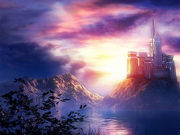 Magic Castle, trees, castle, sunset, stream HD wallpaper