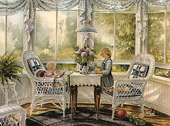 The tea party, shoes, windows, tea, tablecloth, baby, kettle, chairs, sitting, painting, teapot, table, wicker chairs, toys, girl, china, sunroom, playing, plant, ball, truck, child HD wallpaper