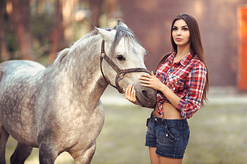 Beauty, animal, white, horse, model, cowgirl, girl, woman, red HD wallpaper
