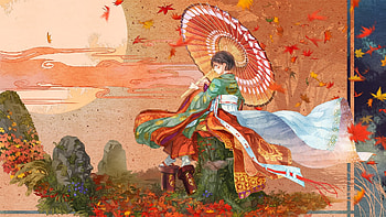 Kimono anime girl leaves red autumn umbrella beaut short hair | | 863804 | UP HD wallpaper