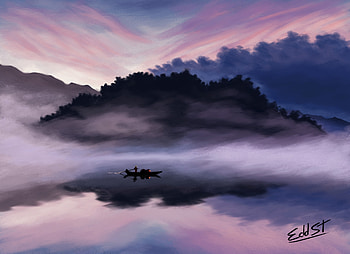 Art, Twilight, Lake, Dusk, Boat, Human, Person HD wallpaper