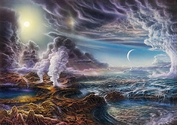 EARLY EARTH, LAND, OCEAN, VOLCANOES, EARTH, SMOKE, CRATERS, MOON, SUN HD wallpaper