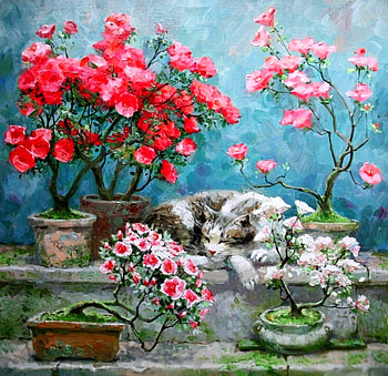 By Maria Pavlova, kitten, painting, art, maria pavlova, flower, cat HD wallpaper