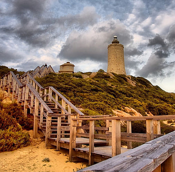 Lighthouse Stairway, lighthouse, cloudy, stairway, stirs, clouds, sky HD wallpaper