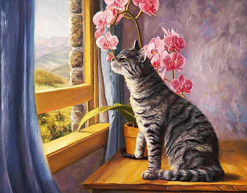 Kitty Lookout, artwork, painting, window, cat, flowers HD wallpaper