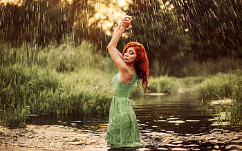 Redhead Model in the Rain, model, rain, redhead, dress, water HD wallpaper
