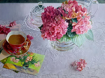 Morning Mocha, table, mocha, vase, cup, pink, cards, hydrangeas, pitcher, coffee, glass, saucer HD wallpaper