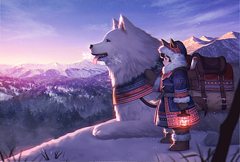 White Dog With Cute Baby Girl Snow Mountains Artwork, artist, artwork HD wallpaper