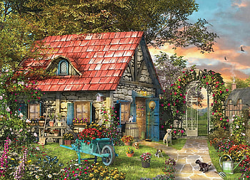 Cottage, dog, art, dominic davison, cat, pisica, painting, pictura, caine HD wallpaper