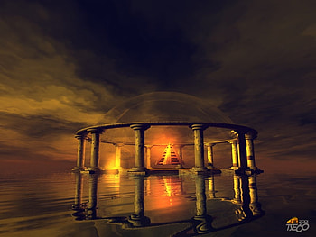temple, sea, dome, cg, lights, sky HD wallpaper
