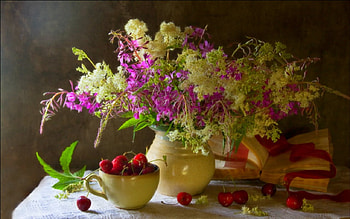 Still life, fruits, flowers, cup HD wallpaper