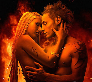 Flaming Hot, blonde, flames, bangles, tattoos, male, female, hold, sexy, man, hot, girl, lovers, caress, orange, steamy, tender, heat, intense, love, models HD wallpaper