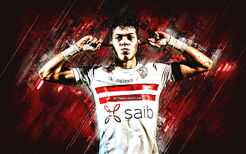 Emam Ashour, Zamalek SC, Egyptian footballer, portrait, red stone background, grunge art, football HD wallpaper