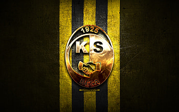 Besa Kavaje FC, golden logo, Kategoria Superiore, yellow metal background, football, Albanian football club, Besa Kavaje logo, soccer, KF Besa Kavaje HD wallpaper