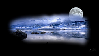 Winter Moon, full moon, sea, winter, blue, beach, collage, Firefox theme, moonlight, snow, clouds, sky, mountains HD wallpaper