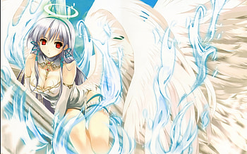 Blue Fire, blue, colorful, flames, cute, red eyes, angel, wonderful, dress, nice, gray dress, big, fantastic, shine, halo, reflex, cream, sunshine, wings, white, nibus, eyes, pretyt, beautiful, gray, anime, red, fire, manga HD wallpaper