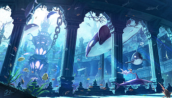 Orca, Anime, Original, Building, Chain, Fish, Ruin, Seaweed, Shark, Underwater, Whale HD wallpaper