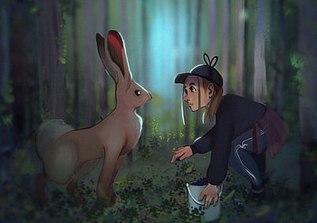 Art, Forest, Girl, Hare, Meeting HD wallpaper