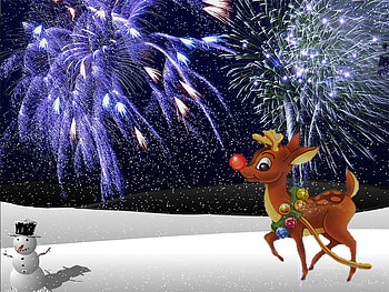 Christmas fireworks, snowman, firework, deer, christmas HD wallpaper