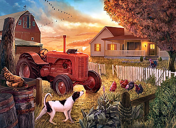 Dusk at the Farm F1, architecture, art, dogs, landscape, farm, beautiful, artwork, scenery, wide screen, painting, pets, chickens, canine, tractor HD wallpaper