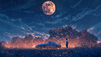 Midnight Drift, anime-boy, alone, artist, artwork, art, digital-art, ai, moon, car, drive HD wallpaper