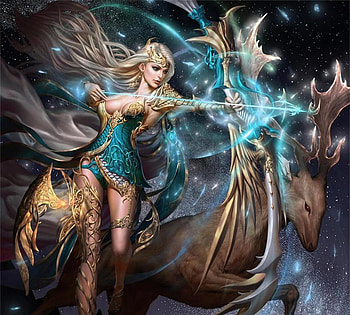 Diana, blue, cloud d, blonde, archer, girl, goddess, moon, fantasy, deer, luna, luminos HD wallpaper
