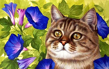 Flower Lover, blue, artwork, leaves, painting, blossoms, cat HD wallpaper