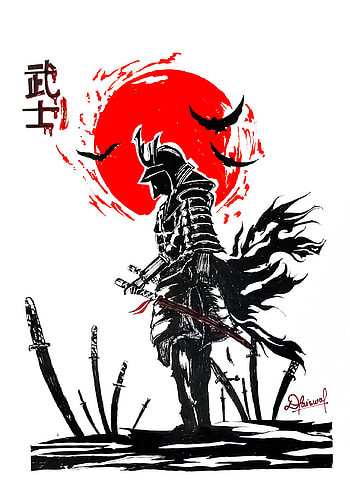 Samurai, red, art, fictional characters, black, Japanese HD phone wallpaper