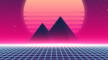 Silhouette, landscape, mountains, Retrowave 90s, art HD wallpaper
